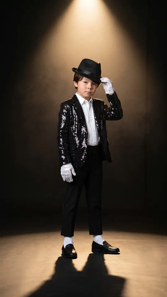 Foto temática: el mismo niño con saco de lentejuelas y sombrero sobre un escenario